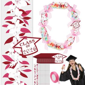 Junkin 24 Set Candy Lei Tubing Graduation Money Lei Making Kit Class of 2026 Hawaiian Congrats Grad Long Ribbons Dessert Filler for Party Graduate Gifts(Red)