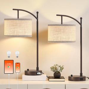 Table Lamp for Living Room Bedroom, 23.5" Table Lamps Set of 2 with USB C+A Ports, Bedside Lamps for Nightstand with Linen Lamp Shades, 2 Dimmable LED Bulbs Included, Brown