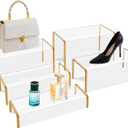RattanView 5 Pack Clear Acrylic Purses Display Stands, 11" L 5mm Thick Luxury Purse, Handbag, Jewelry & Perfume Risers, Gold Luxury Shoe Display Riser for Closet, Boutique, Vendor Events (5 Tier)