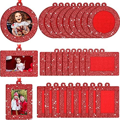 Jetec 30 Pcs Christmas Photo Frame Ornaments with Rope Mini Felt Hanging Picture Frame Round Square Rectangle Xmas Tree Decoration for Holiday Party Decor(Glitter)