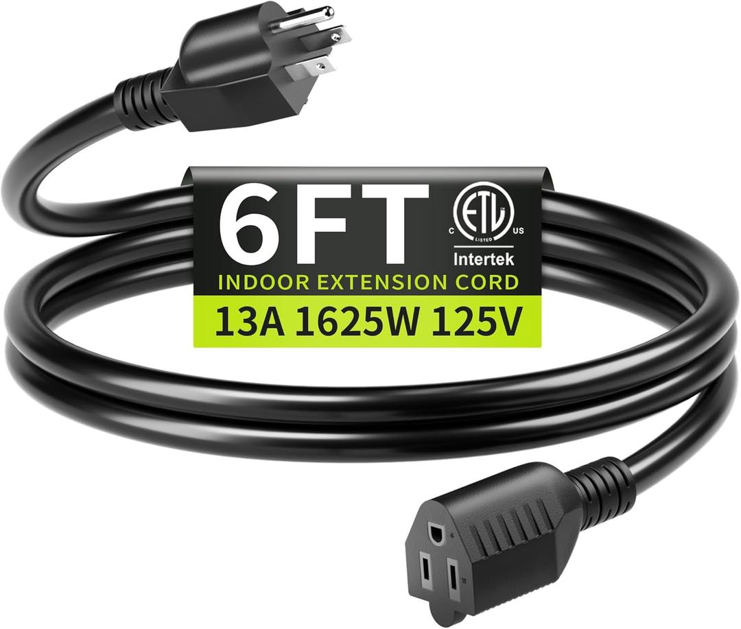16/3 Black Extension Cord 6 FT Indoor, Short Extension Cord for Laptops, Coffee Makers, Office Home Appliances, 3 Prong Small Resistant Cable Flexible, 13A 125V 1625W ETL Listed