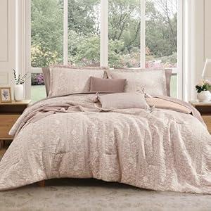 BLOOMHAVEN Queen Comforter Set -7 Pieces Botanical Almond Pink Comforter for All Seasons, Bed in a Bag Queen with Flowers Floral Comforter, Sheets, Pillowcases & Shams