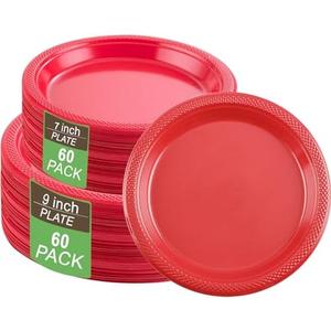 WELLIFE 120Pcs Red Plastic Dinnerware Set, Include 60pcs 9inch Dinner Plates and 60pcs 7inch Dessert Plates,Red Plastic Plates