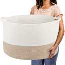 Extra Large Cotton Rope Basket 22" x 14" - Toy Basket for Kids -Blanket Basket for Living Room - Woven Baskets for Storage (White + Beige)