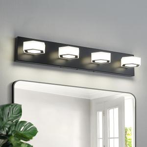 4-Light LED Bathroom Light Fixture Modern Black Vanity Light Over Mirror Acrylic Bathroom Wall Lighting 32W Brightness Dimmable 4000K 360Rotable Head