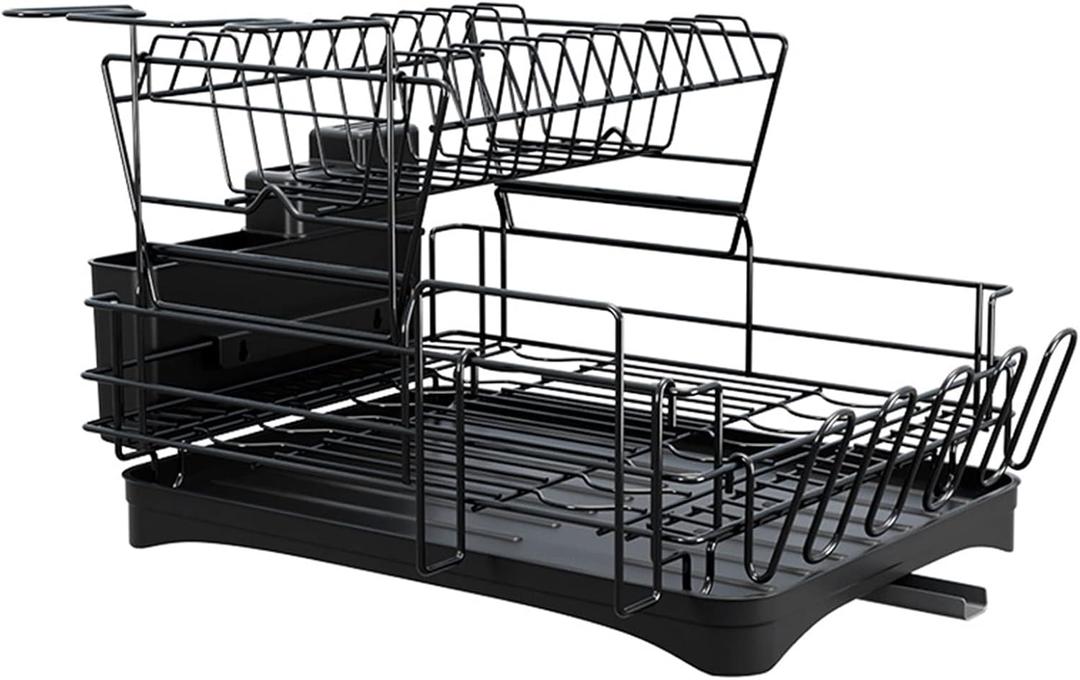Dish Drainers 2 Tier Dish Drying Rack with Drainboard, Stainless Steel Dish Rack Drainer with Swivel Spout, Utensils Holder, Glass Holder