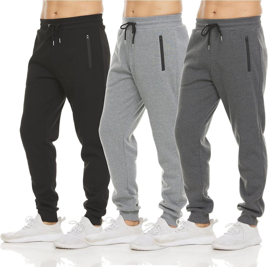 PURE CHAMP Mens 3 Pack Fleece Active Athletic Workout Jogger Sweatpants for Men with Zipper Pocket and Drawstring Size S-3XL (Large)