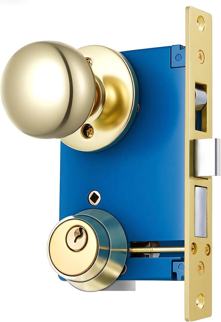 Tandefio 1 Set Double Cylinder Mortise Lock Gate Ornamental Iron Latch Set with 21/2" Backset 1" x 71/8" Faceplate Polish Brass (Right Hand Reverse)