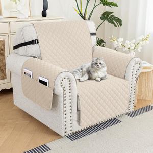 XINEAGE Quilted Chair Sofa Cover Waterproof Chair Covers for Armchair, Super Soft Washable Slipcover with Pockets & Non-Slip Elastic Straps, Thick Furniture Protector (Beige) (1 Seater Chair)