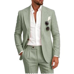 Mens Linen Suit 2pcs Summer Lightweight Suits Casual Linen Blazer Pants Set Slim Fit Suits for Beach Wedding Tuxedo L