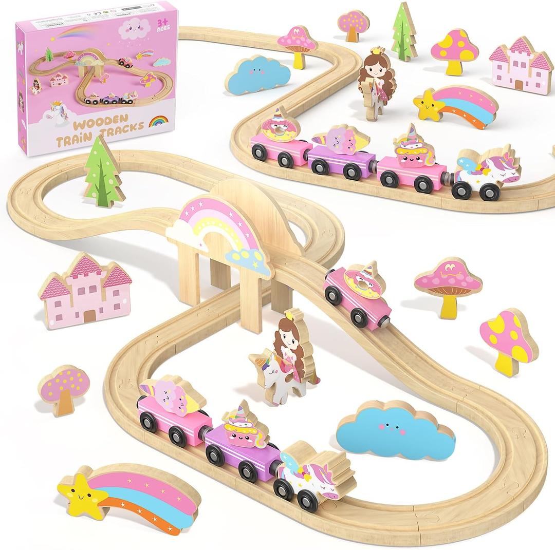 Unicorn Wooden Train Set for Toddler Girls Ages 2-4 Magical Fairy 38 Pcs Toddler Girl Toys with Railway Track Fantasy Toys for Girls 3-5 Year Old Kids
