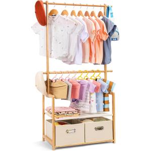 Kids Clothing Rack Bamboo with 2 Storage Baskets and 2 Adjustable Hanging Rods,Child Garment Holder with Shelf, Dress up Racks for Playroom,Toddlers Bedroom (Natural)