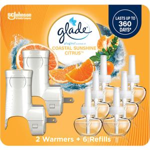 Glade PlugIns Refills Air Freshener Starter Kit, Scented and Essential Oils for Home and Bathroom, Coastal Sunshine Citrus, 4.02 Fl Oz, 2 Warmers + 6 Refills