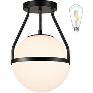 Bagood 10" Mid Century Ceiling Light Modern Semi Flush Mount Ceiling Light Fixture Globe Ceiling Light Fixture with Milk Glass Shade Matte Black Finish for Kitchen Island Hallway Foyer (Bulb Incl.)