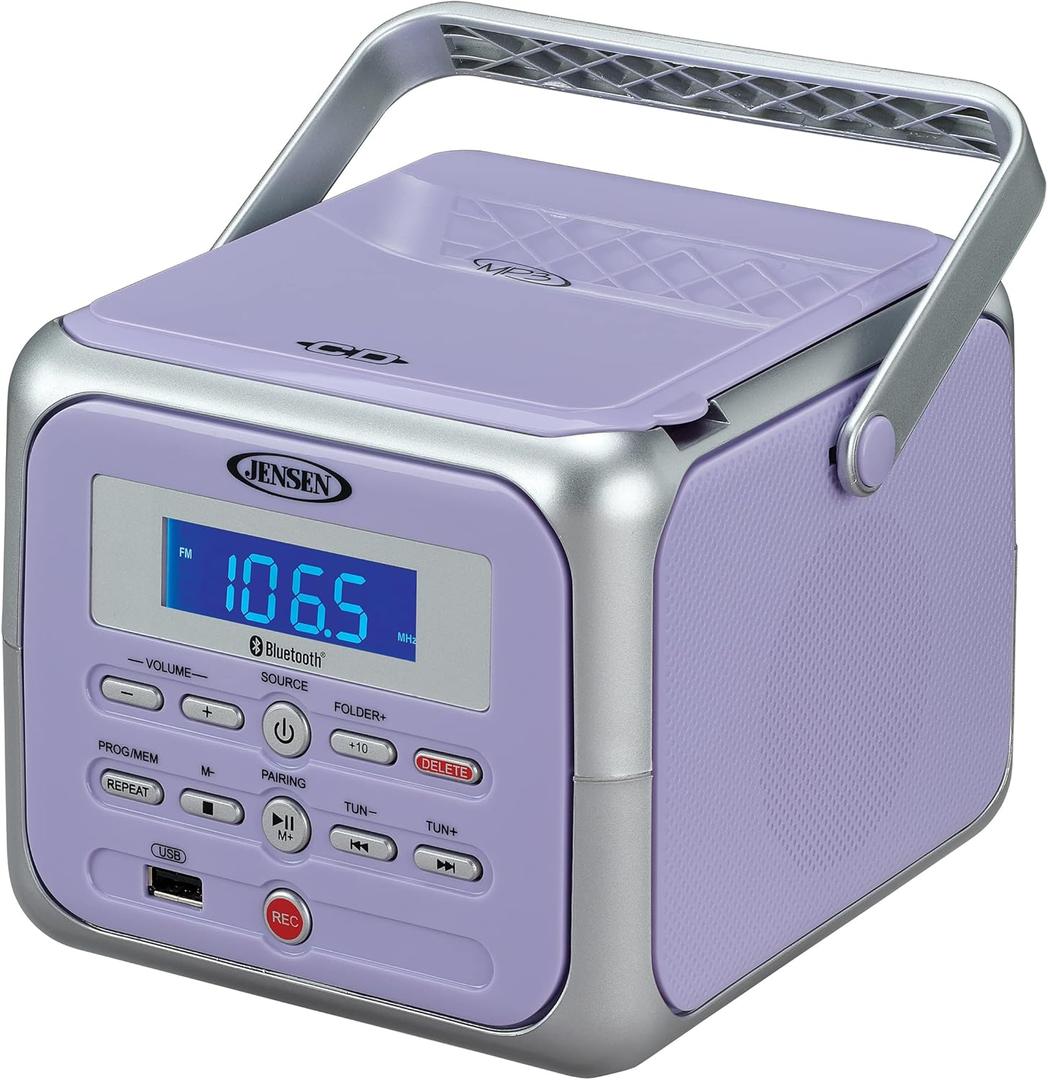 Jensen CD-660 Portable Stereo CD Player Boombox with Bluetooth | FM Radio | USB | Aux-in Headphone Jack | CD-R/RW MP3 Playback | (Lavender Purple)