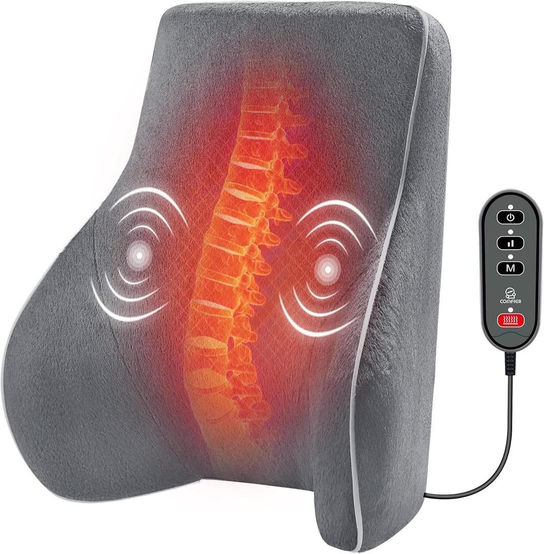 COMFIER Lumbar Support Pillow, Back Support for Office Chair, Car Seat Cushions with 3 Vibration Modes & 2 Heat Levels-Gray