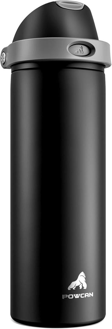 POWCAN 24 oz Insulated Water Bottle for Sports: Push-Button Spout & Quick-Flip Straw, Leakproof, Keep Cold 24Hrs, Fits Car Cupholder, Stainless Steel Bottle for Travel, Gym, School (Midnight Black)