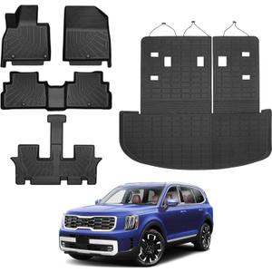Powerty Floor Mats for 2020-2025 Kia Telluride 7/8 Passenger Car Mats Accessories, All Weather TPE Custom 2-in-1 Cargo Liner Seat Back Covers Protectors Replacement (Floor Mat + 2-in-1 Trunk Mat)