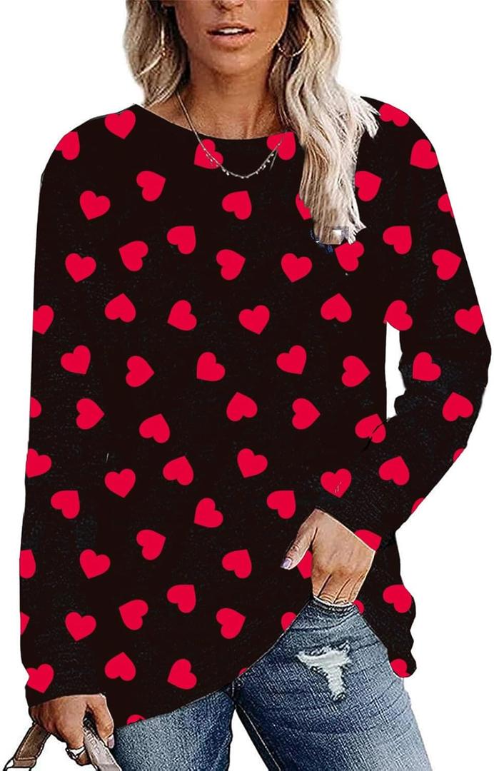 Roshop St Satricks Day Shirts Women Long Sleeve Irish Lucky Shamrock Printed Graphic Holidays Shirt (X-Large, Red Heart Black)
