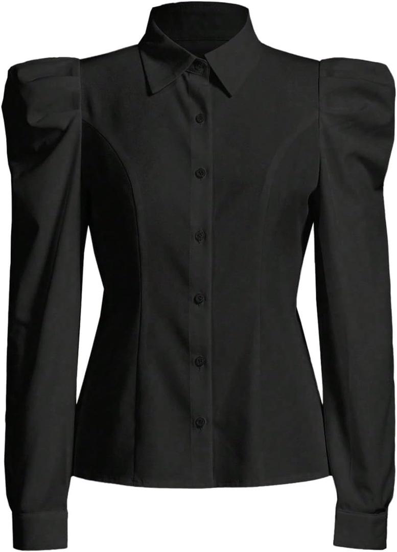 Floerns Women's Elegant Puff Long Sleeve Collared Shirts Button Down Dressy Blouse Top (Black), S