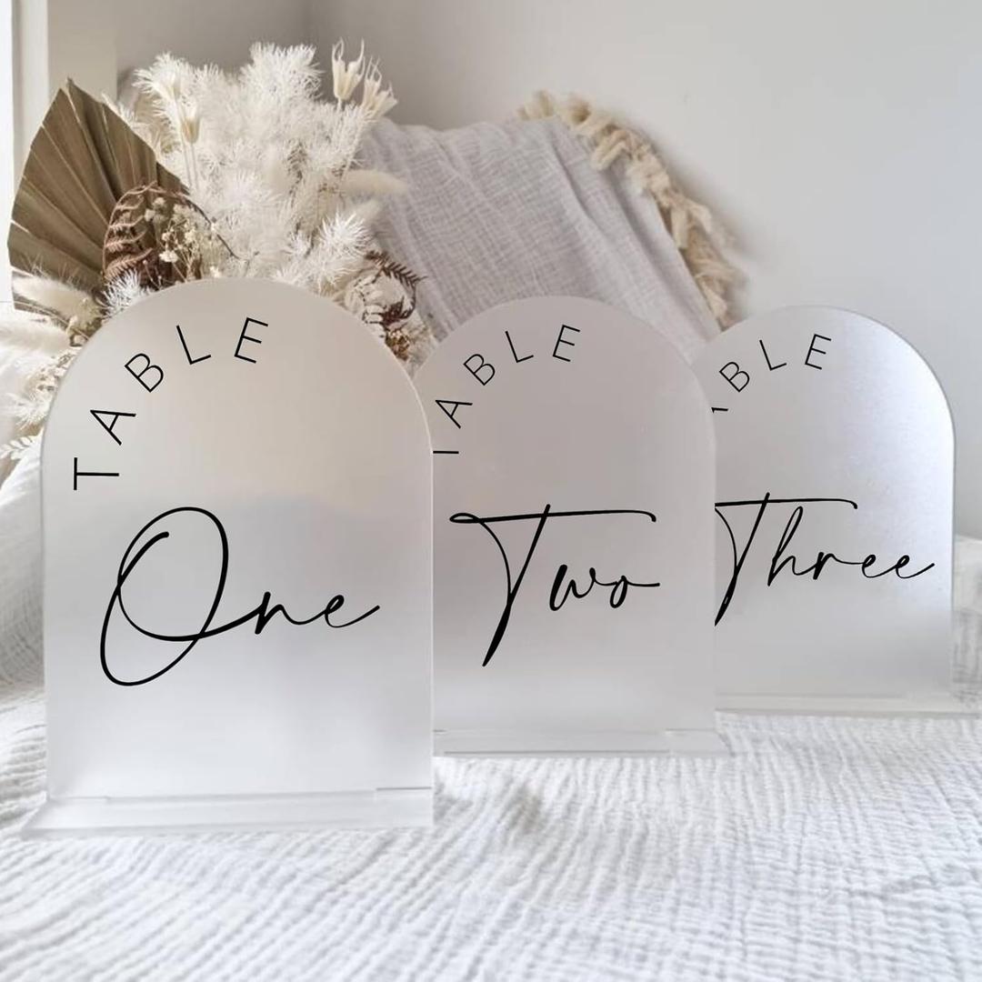 JINMURY Frosted Arch Wedding Table Numbers 1-15 with Stands, 5x7 Inch Frosted Arch Acrylic Sign with Black Letters, Arched Acrylic Table Numbers for Wedding Reception