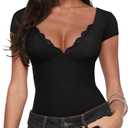 REORIA Womens Deep V Neck Bodysuit Double Lined Lace Bodysuit Short Sleeve Backless Top Sexy Going Out Outfits (Black), XL