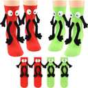 2 Pairs Funny Kids Holding Hands Socks, Magnetic Cute Crazy Novelty Cotton Socks for Toddler Boys Girls 4-11 Years (Green Red)