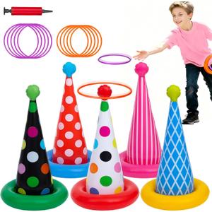Inflatable Ring Toss Game, Birthday Party Games Ring Toss Game for Kids Adults Birthday Party Decorations Lawn & Yard Games Toys for Family 5-Pack with 10 Plastic Rings