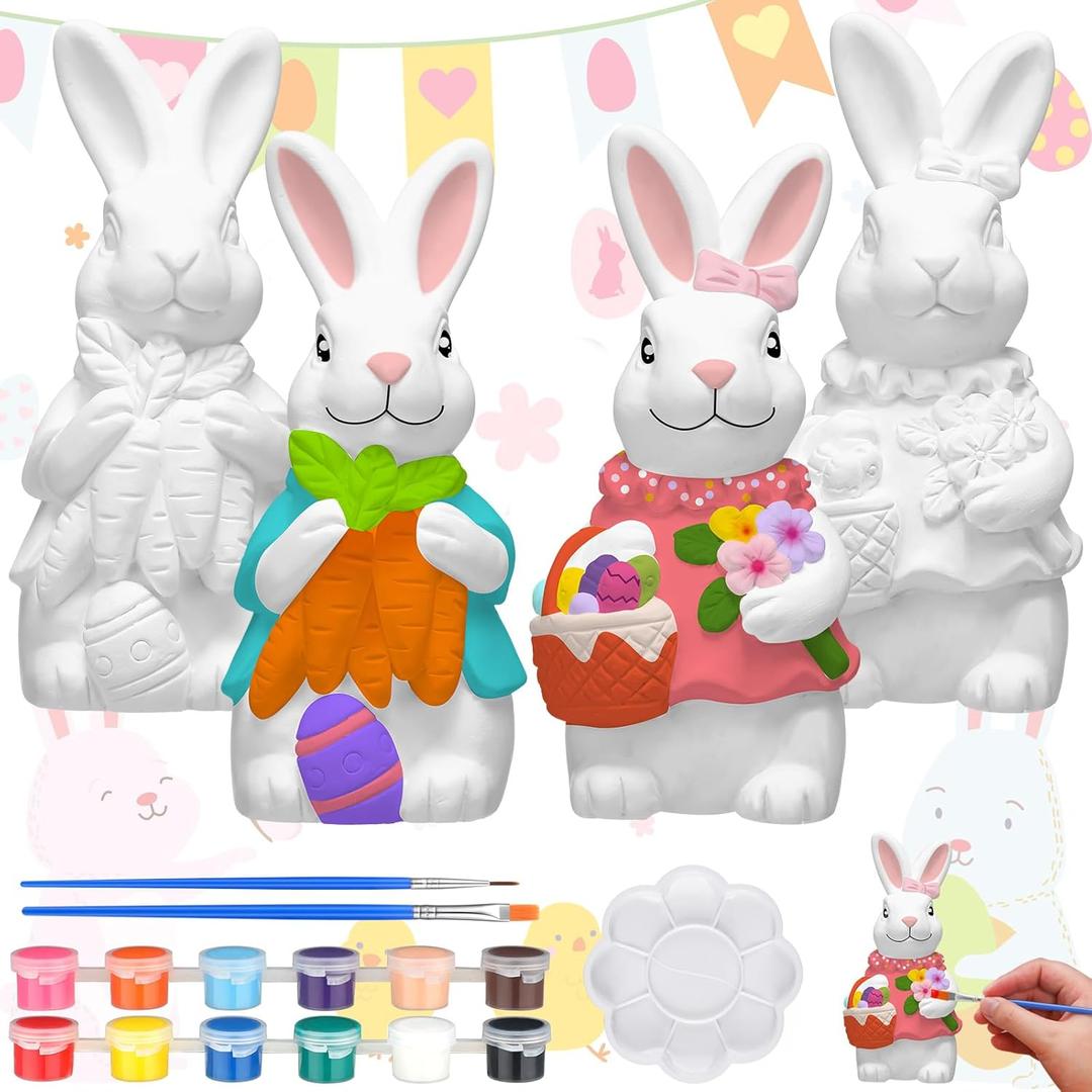 Seenelling 2 Pack Easter Bunny Ready to Paint Your Own Statues 4'' DIY Unpainted Ceramics Figurines Kit Blank Paintable Ceramics Art and Crafts Decorations
