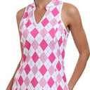 MoFiz Women Racerback Sleeveless Golf Polo Shirt V-Neck Collarless Tennis Running Tank Tops Quick Dry Athletic Casual (Medium, A-pink Plaid)