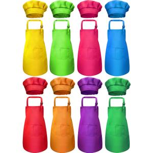 SATINIOR 8 Set Kids Apron and Chef Hat Set Kids Apron with 2 Pockets Adjustable for Boys Girl's Cooking Baking Painting (M for 7-13 Age, Multi-color)