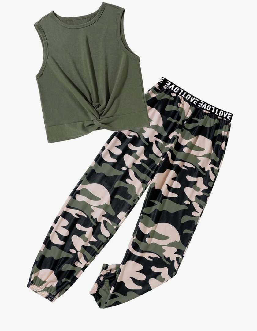 Kids Clothes Girls Twist Front Tank Top Letter Print Elastic Waist Camouflage Pants with Pockets Summer Girls Clothes 11-12 Y
