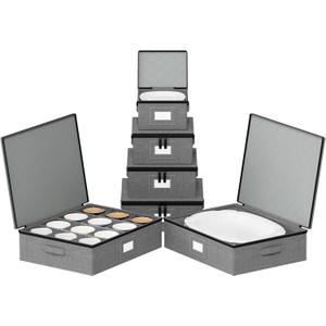 SpaceAid China Storage Containers 6 Pack, Stackable Hard Shell Quilted Cases with Soft Plate Separators, Moving Supplies Packing Boxes for Dishes, Plates, Platters, Mugs, Cups (Grey)