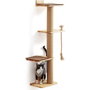 FUKUMARU Cat Scratching Activity Tree Wall Mounted, 50 Inch Cats Scratch Post, with Kitten Bed, Rubber Wood Scratcher Posts, Large