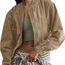 UATKIMI Women's Bomber Jacket Lightweight Casual Long Sleeve Canvas Coat Zip Up (Khaki) XS