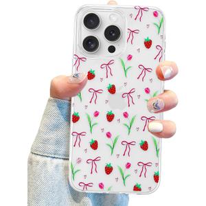Jusy Compatible with iPhone 11 Pro Max Clear Case with Design, for Women Girly Cute Bow Phone Case Soft TPU Shockproof Protective for iPhone 11 Pro Max - Strawberry Bow