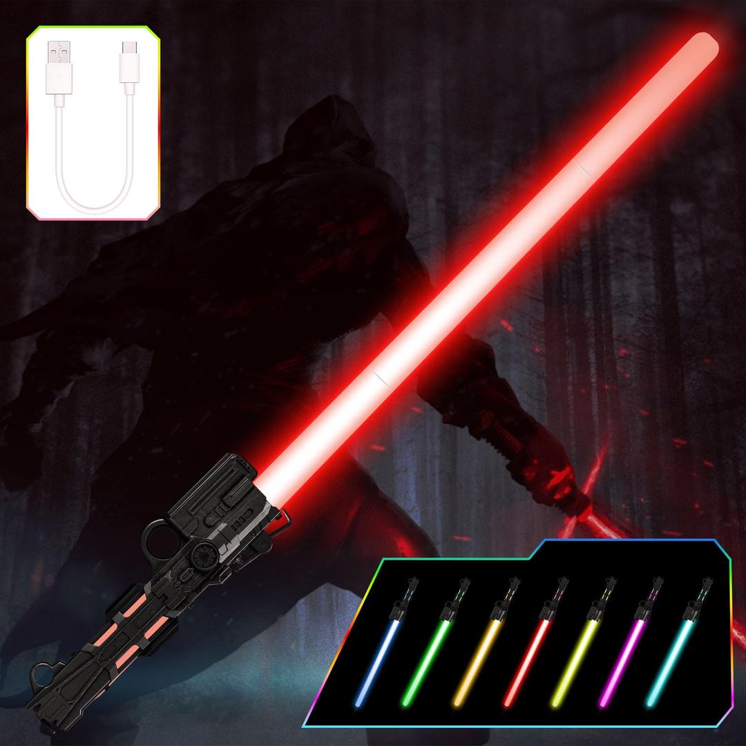 OSDUE Lightsaber for Kids, 7 Color Rechargeable Light Up Saber with FX Sound & Type-C Charging Cable, Expandable Light Swords for Star War Fighters & Warriors Children's Day New Years Gifts (Black), 4 Packs