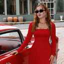 XXTAXN Women's Sexy Fashion Square Neck Long Sleeve Work Party A Line Mini Dress with Pocket (Red, M)