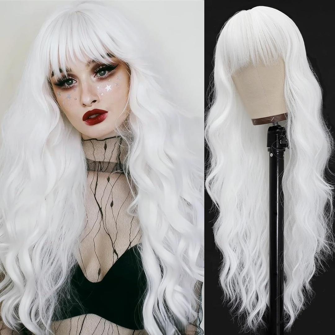 Vomella Long Wavy White Wigs for Women 26 Inch White Wig with Bangs Natural Looking Synthetic Heat Resistant Wig for Halloween Daily Party Use (60)