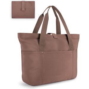 BAGSMART Tote Bag for Women, Foldable Tote Bag With Zipper Travel Large Shoulder Bag Handbag for Work (Coffee Brown)