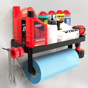 Garage Paper Towel Holder with Shelf - Wall Mount Paper Towel Holder with 4 Hooks, Single-Hand Tear Paper Towel Rack Heavy Duty Tissue Holder for Clean Station, Craft Room, Workbench (Black)