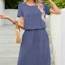 levaca Womens Summer Casual Dress Belly Drawstring Beach Coverup Short Sleeve 2025 Outfit Midi Sundress with Pockets (L)