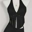 MakeMeChic Women's Fringe Rodeo Faux Suede Halter Tops Tie Backless Sleeveless Western Cowgirl Concert Outfits (Black, L)
