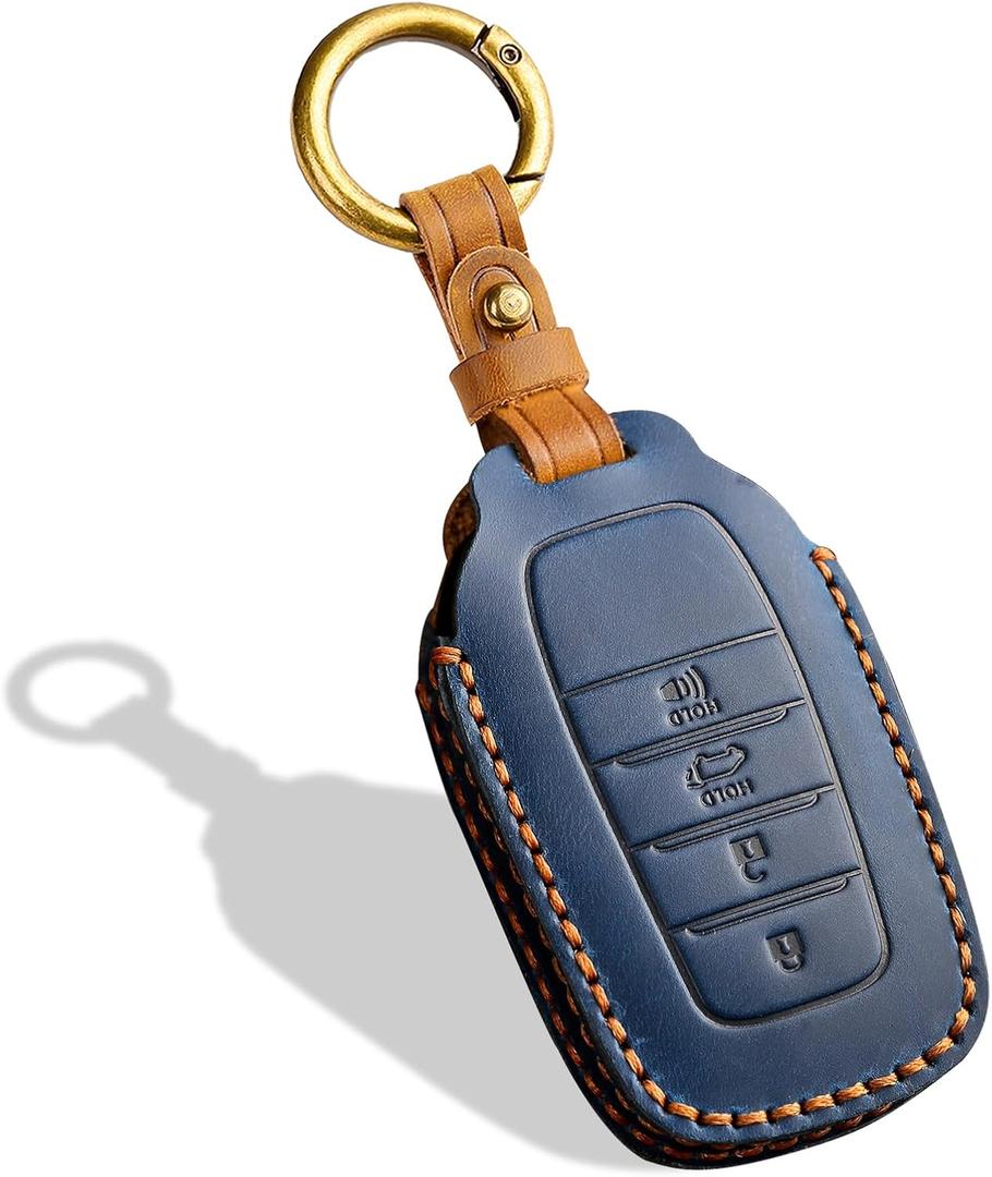Leather Key Fob Cover, Compatible with Toyota Tundra Corolla Cross Venza Sequoia Highlander Avalon RAV4 Camry C-HR Prius, No Screw Design Key Holder Protector(4 Button, Blue)