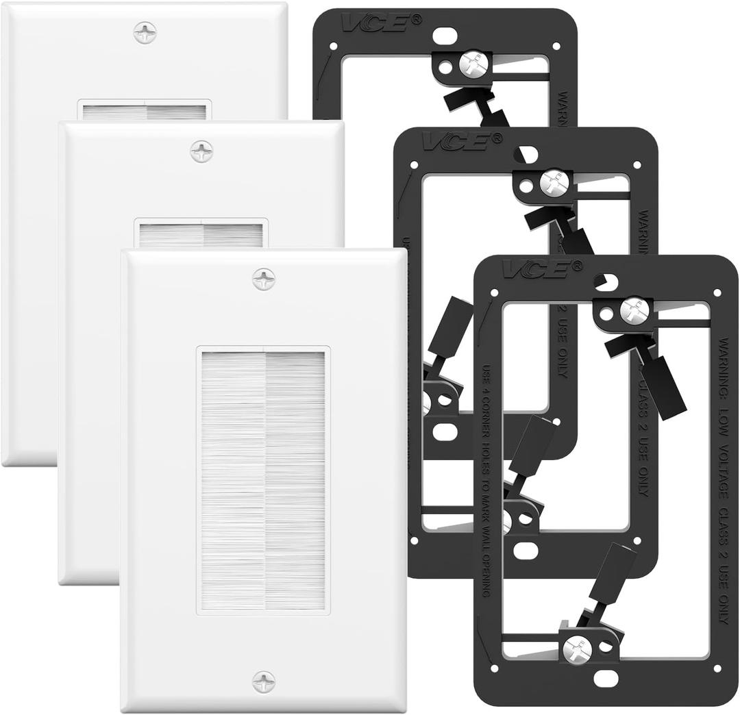 VCE Brush Wall Plate with Low Voltage Box, Decorator Wall Cover with Low Voltage Mounting Bracket for Wall-Mount TV, Black, 3-Pack (White+Black)