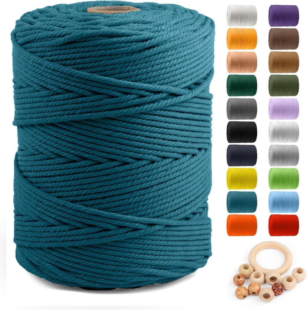 Macrame Cotton Cord 5mm x 328yds, ZUEXT Natural Handmade Peacock Blue Braided Cords 4 Strands Knitted Rope String for Craft Wall Hanging Weaving Tapestry Dream Catchers Hanger DIY Gift (300m)