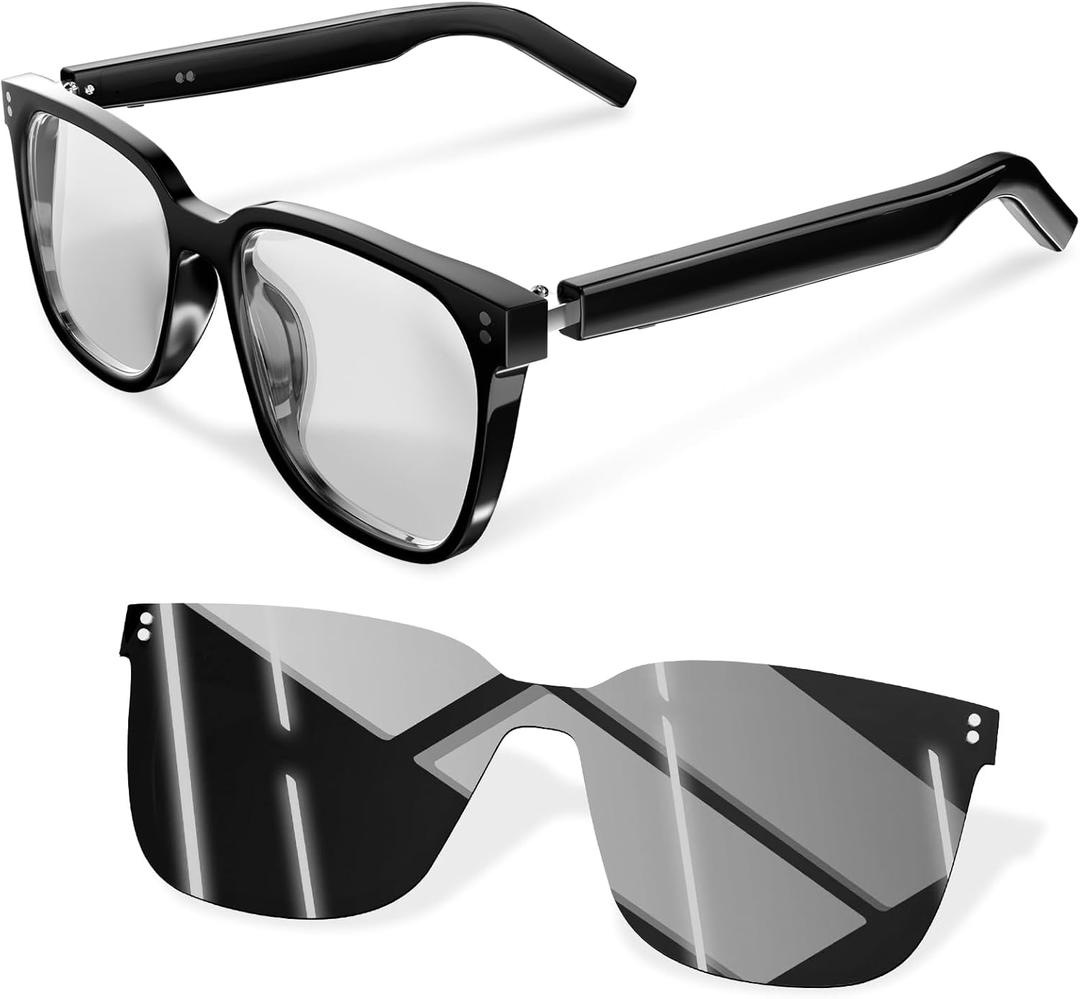 Smart Glasses-Clear Anti Blue Light Bluetooth Glasses + Magnetic Clip-On Sunglasses, UV400 Protection, Hands-Free Calls& Audio, for Indoor/Outdoor