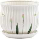 Napco Vintage Cottage Ceramic Planter with Drainage & Saucer White Ribbed Flower Pot with Pink Bud Floral Design, Large 7.5 x 7.75 Inch for House Plants, Succulents & Herbs