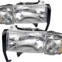 Headlights Assembly compatible with 1994-2001 Dodge Ram 1500,94-02 RAM 2500 3500 (Non-Sport Models) Headlights w/Bulb & Corner Lights, Driver Passenger Side, Chrome Housing Clear Lens