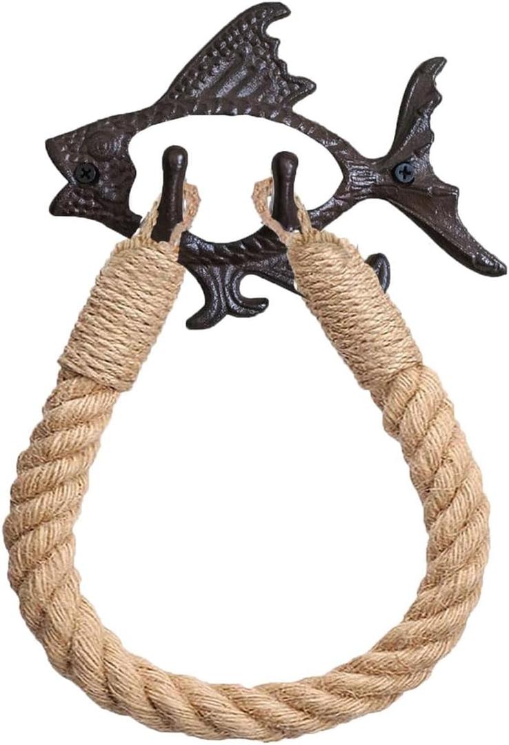 Rustic Toilet Paper Holder. Nautical Rope Towel Holder Ring . Cast Iron Fish Wall Hooks Decorative Wall Mount Rustic Hand Towel Holder , Beach Decor